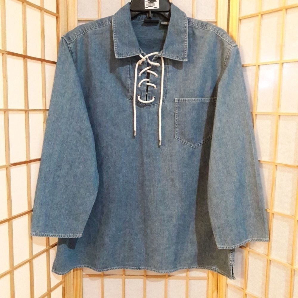 Lizwear Liz Claiborne Blue Tie Neck Denim Blouse Top